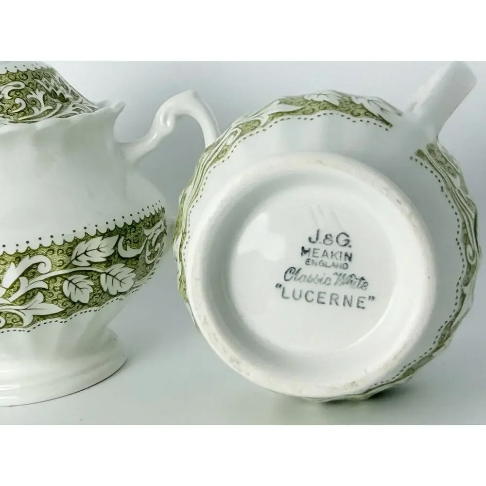 J & G Meakin 'Lucerne' White Ceramic Sugar & Cream Set w Olive Green/Leaf Border